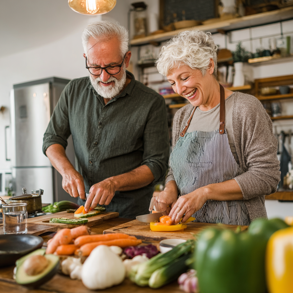 Middle-aged adults preparing nutritious meal together in bright kitchen