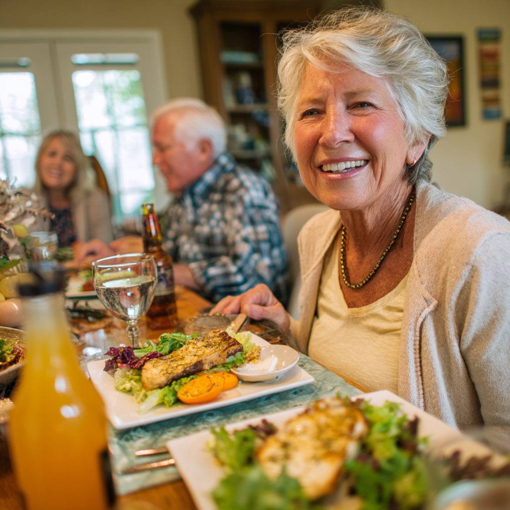 Older adults enjoying colorful nutritious meal at home dining table